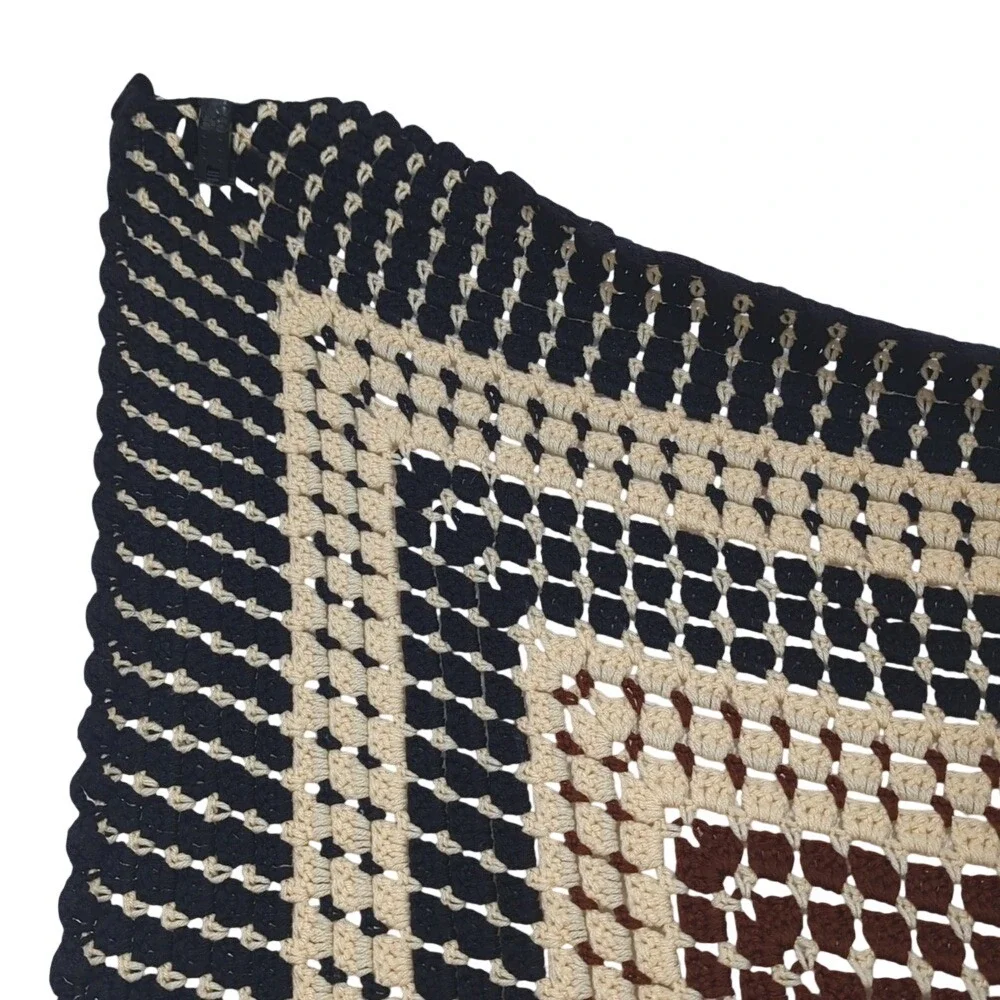 Vintage Handmade Crochet Afghan Granny Square‎ Blanket in Black Cream Brown Cozy
